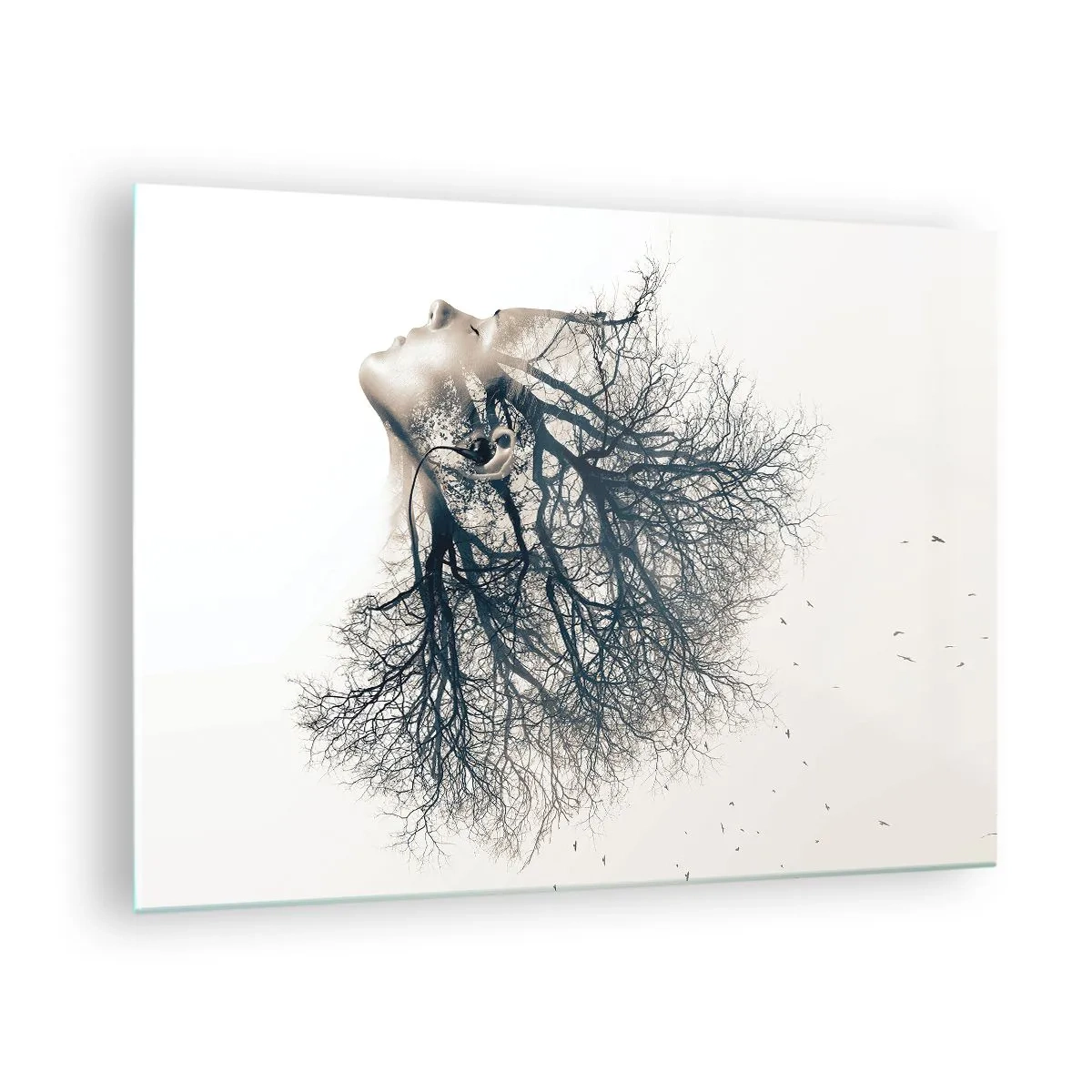 Quadro em vidro - Silhueta de uma mulher com galhos como cabelo - 70x50cm - Ouvir o sussurro da árvore - Decoração de parede moderna para a sala de estar e quarto ARTTOR