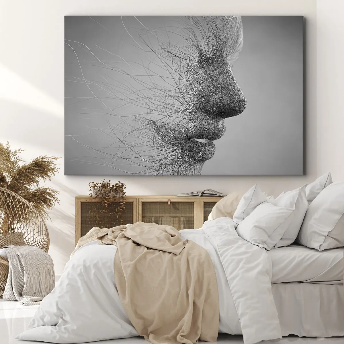 Quadro em tela - Perfil facial artístico criado com linhas delicadas - 70x50cm - Espírito do vento - Decoração de parede moderna para a sala de estar e quarto ARTTOR
