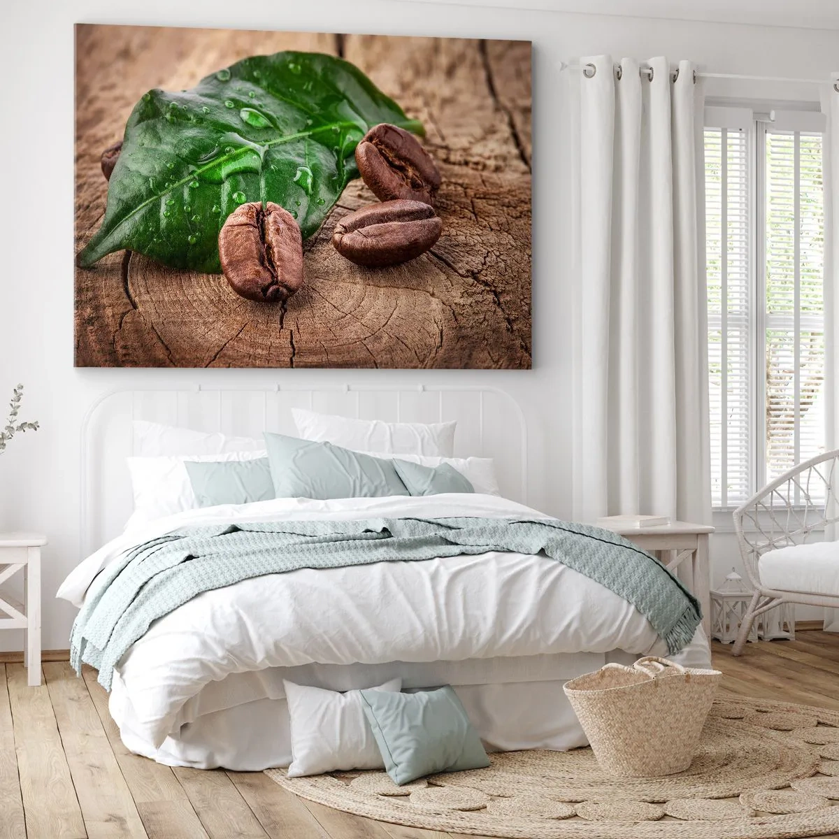 Quadro em tela - Grãos de café e folhas verdes em um fundo de madeira - 70x50cm - Preto e verdadeiro - Decoração de parede moderna para a sala de estar e quarto ARTTOR