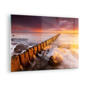 Quadro em vidro - Pôr do sol sobre o mar com um quebra-mar de madeira - 70x50cm - A suavidade das ondas - Decoração de parede moderna para a sala de estar e quarto ARTTOR
