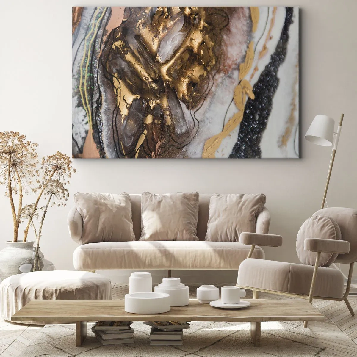 Quadro em tela - Composição abstrata com elementos de ouro e cristais - 70x50cm - O elemento terra - Decoração de parede moderna para a sala de estar e quarto ARTTOR