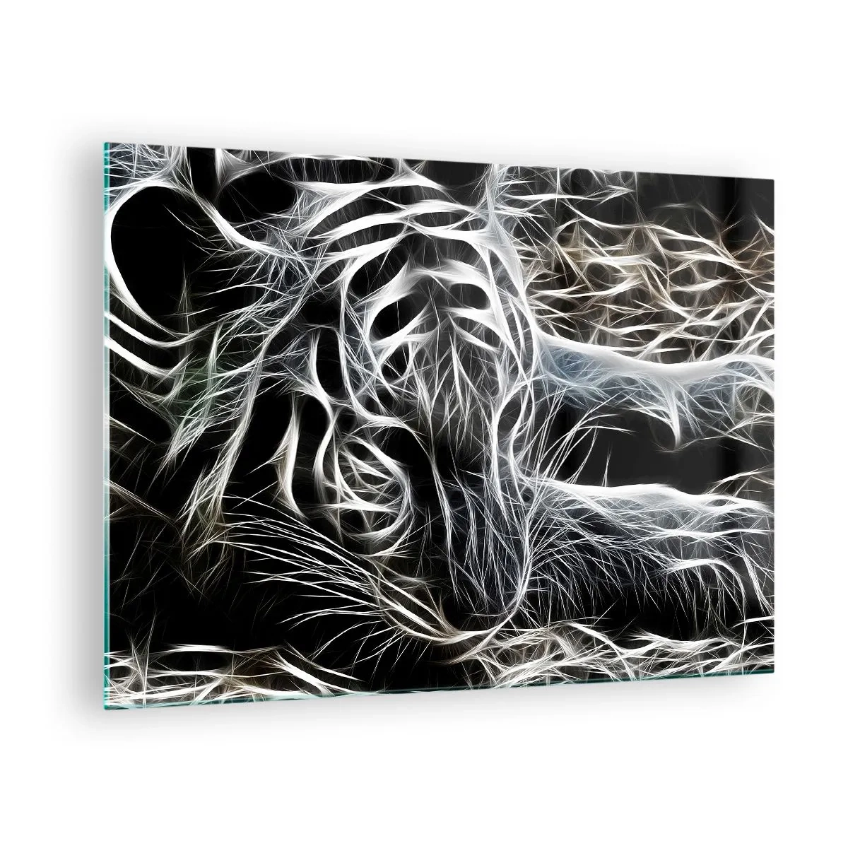 Quadro em vidro - Tigre abstrato em linhas luminosas sobre fundo preto - 70x50cm - Um estudo da leveza do gato - Decoração de parede moderna para a sala de estar e quarto ARTTOR