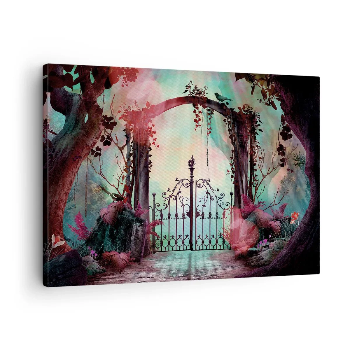 Quadro em tela - Uma entrada mágica com um portão de ferro forjado cercado por uma vegetação misteriosa - 70x50cm - Jardim secreto - Decoração de parede moderna para a sala de estar e quarto ARTTOR