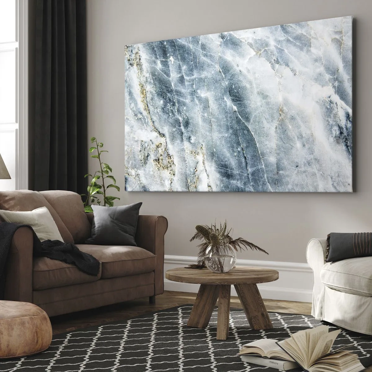 Quadro em tela - Textura de mármore em tons de azul e branco - 70x50cm - O mundo do Gelo - Decoração de parede moderna para a sala de estar e quarto ARTTOR