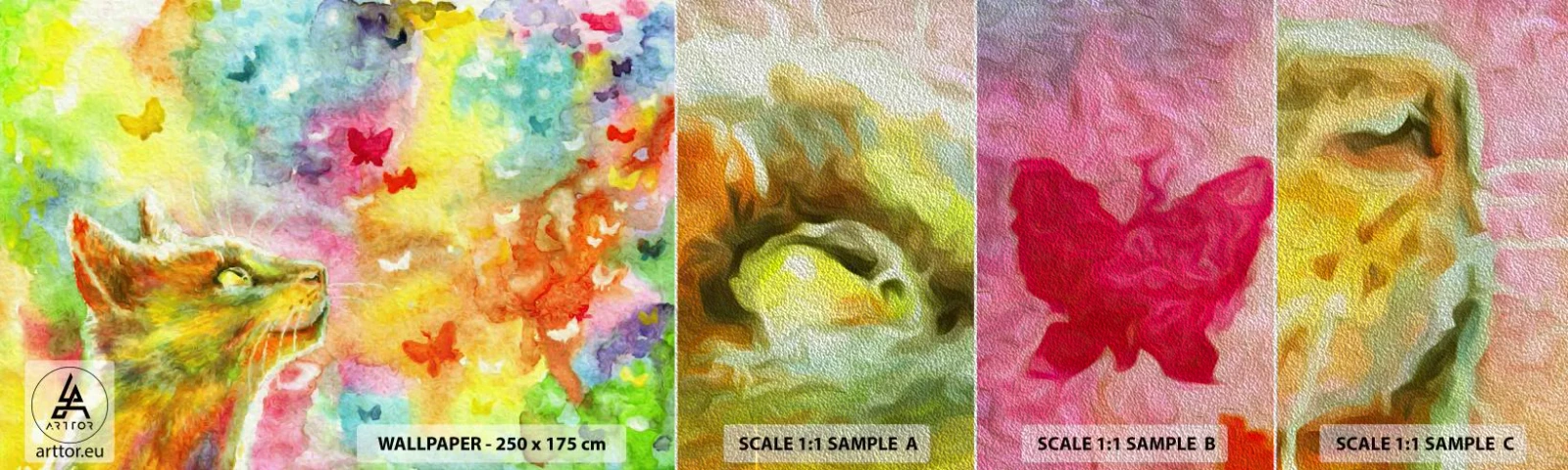 Amostra de papel de parede Premium Sand - O paraíso dos gatos - Animais, Gato, Borboleta - 100x30 cm