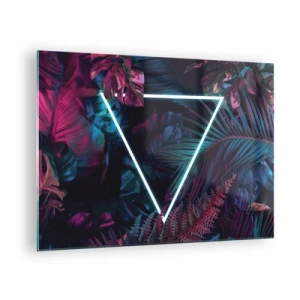 Quadro em vidro - Um triângulo neon cercado por plantas tropicais em tons de rosa e azul. - 70x50cm - Jardim estilo discoteca - Decoração de parede moderna para a sala de estar e quarto ARTTOR