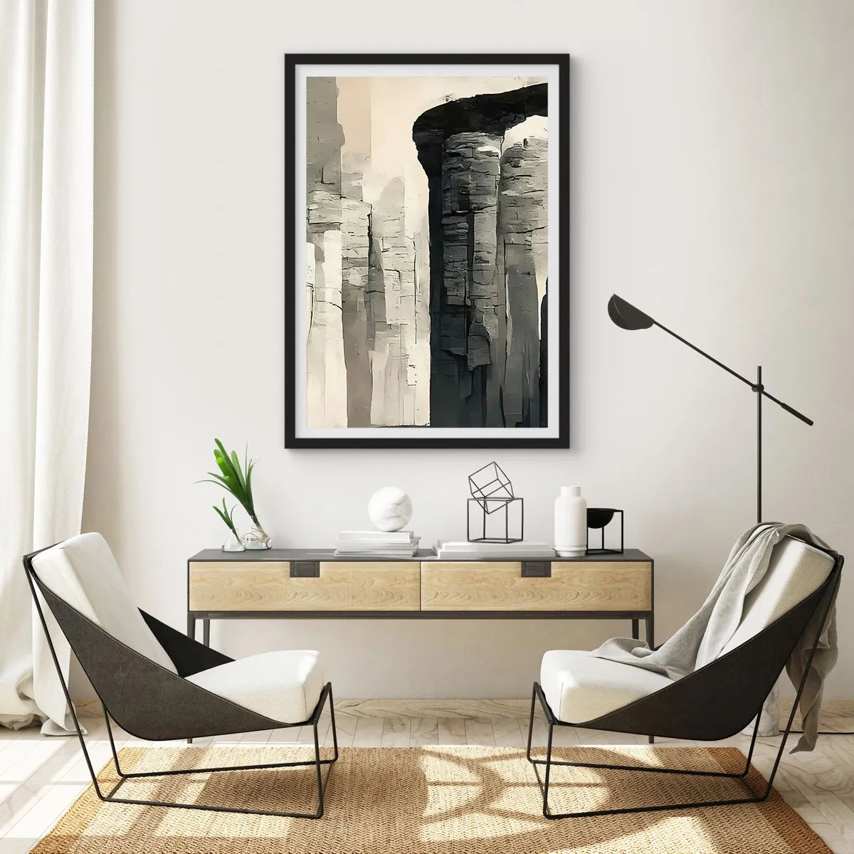 Pôster com moldura preta - Formações rochosas monumentais em tons de cinza - 50x70cm - A majestade da antiguidade - Decoração de parede moderna para a sala de estar e quarto ARTTOR