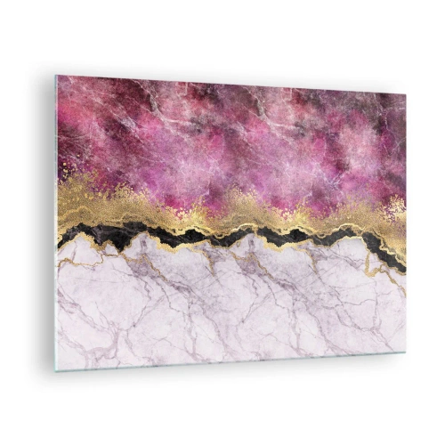 Quadro em vidro - Composição abstrata de mármore com detalhes em dourado e roxo - 70x50cm - Na fronteira - Decoração de parede moderna para a sala de estar e quarto ARTTOR