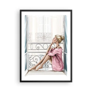 Pôster com moldura preta - Uma mulher de roupão rosa sentada na varanda - 50x70cm - Manhã em Paris - Decoração de parede moderna para a sala de estar e quarto ARTTOR