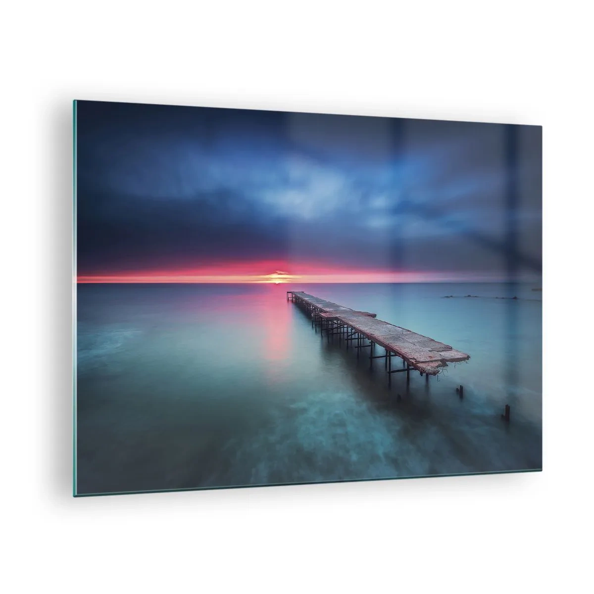 Quadro em vidro - Píer que leva em direção ao pôr do sol - 70x50cm - Entre o céu e a terra - Decoração de parede moderna para a sala de estar e quarto ARTTOR