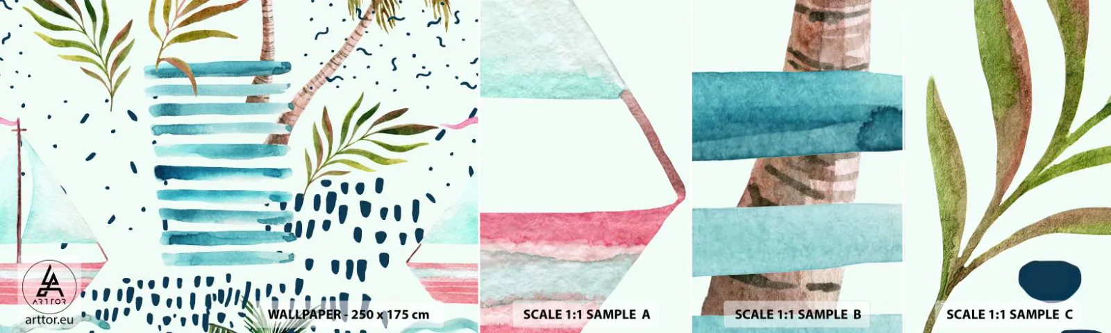 Amostra de Papel de Parede Standard Eco - Férias sob as palmeiras - Aquarelas, Coqueiro, Barco a vela - 100x30 cm