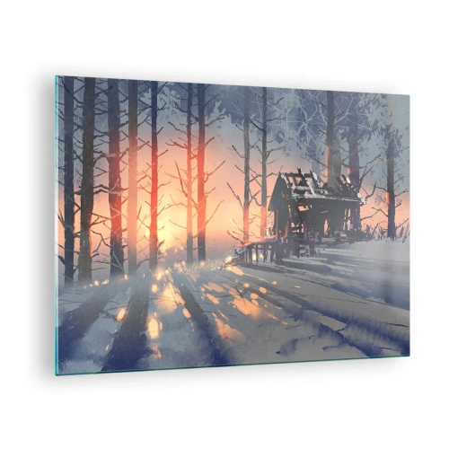 Quadro em vidro - Floresta de inverno ao pôr do sol com uma casa de campo ao fundo - 70x50cm - Somente o sol espreita aqui - Decoração de parede moderna para a sala de estar e quarto ARTTOR