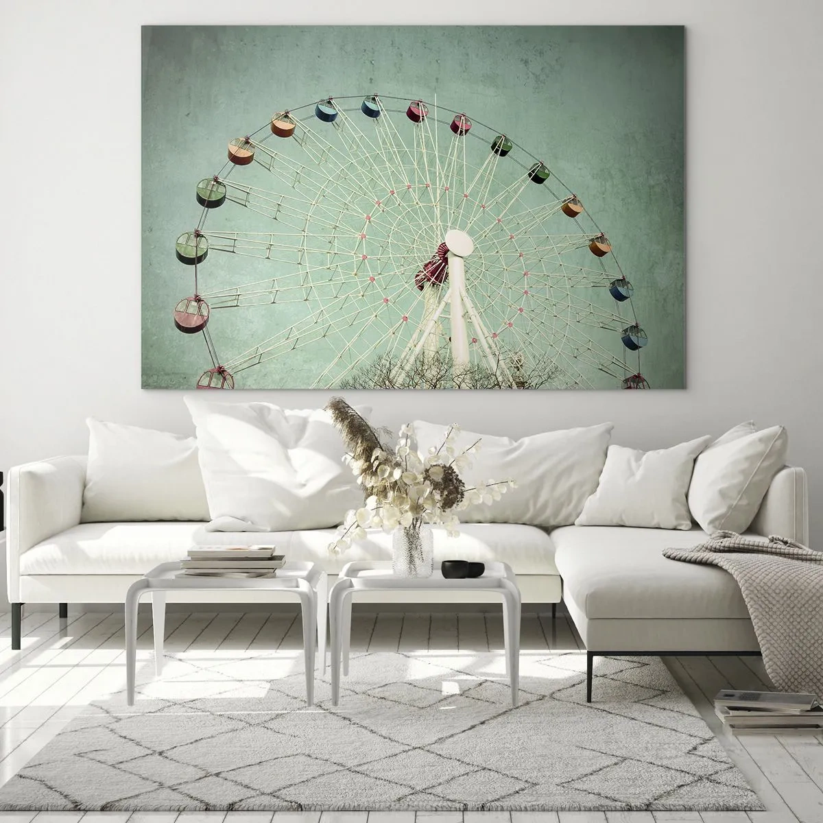 Quadro em vidro - Uma roda gigante colorida sobre um fundo verde pastel - 70x50cm - Diverte-te - Decoração de parede moderna para a sala de estar e quarto ARTTOR