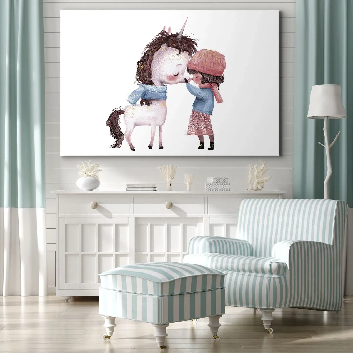 Quadro em tela - Uma menina e um unicórnio em um cenário de inverno - 70x50cm - Conto do inverno - Decoração de parede moderna para a sala de estar e quarto ARTTOR