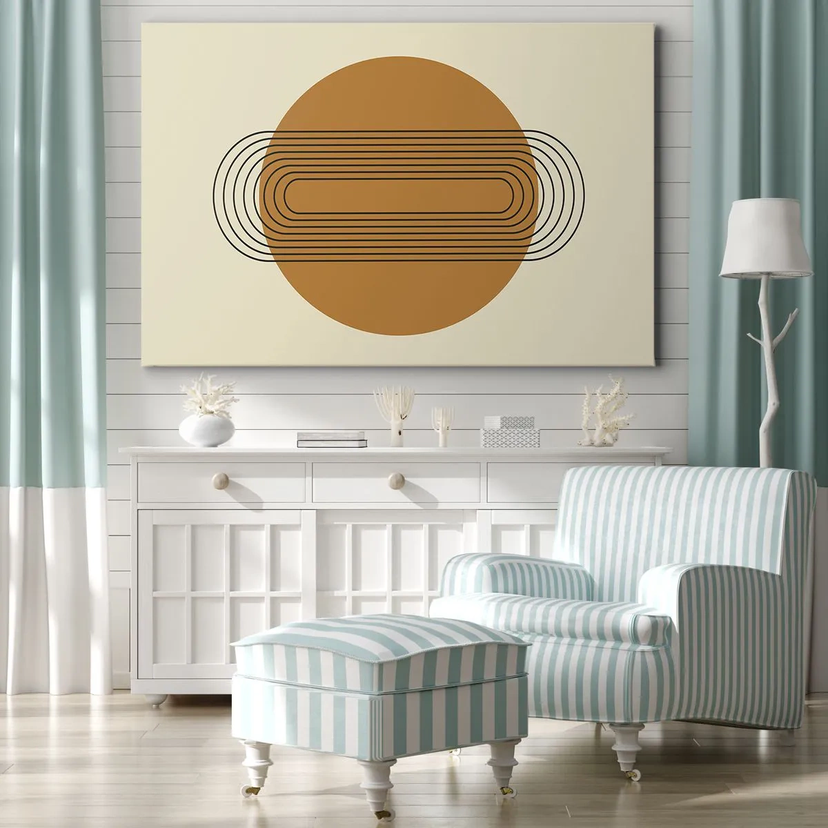Quadro em tela - Padrão geométrico com círculos e linhas laranja - 70x50cm - O plano perfeito - Decoração de parede moderna para a sala de estar e quarto ARTTOR