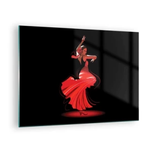Quadro em vidro - Dançarina de flamenco em um vestido vermelho sobre um fundo preto - 70x50cm - O espírito ardente do flamenco - Decoração de parede moderna para a sala de estar e quarto ARTTOR