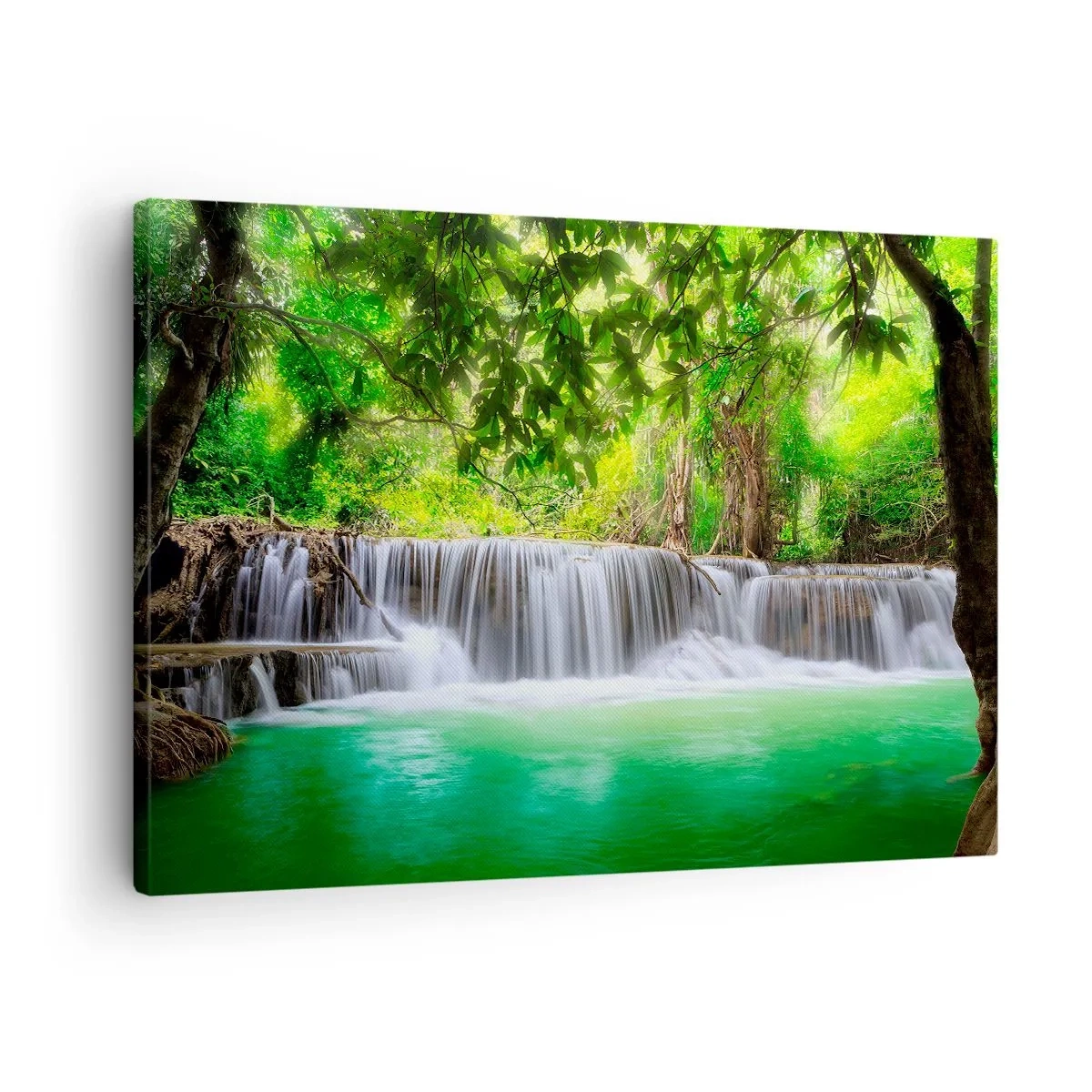 Quadro em tela - Uma cachoeira verde cercada por densa vegetação tropical - 70x50cm - Cascata verde - Decoração de parede moderna para a sala de estar e quarto ARTTOR