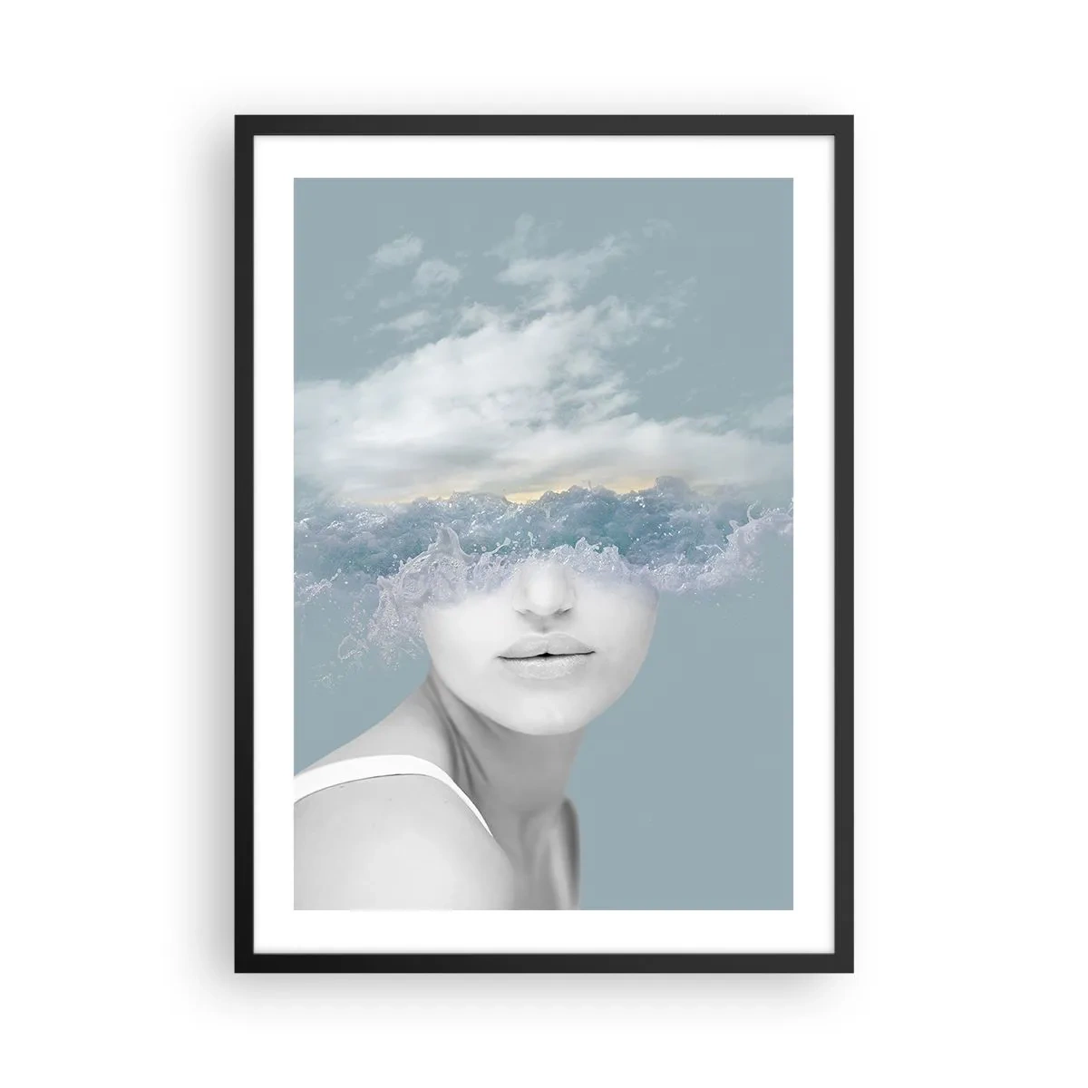 Pôster com moldura preta - Uma mulher com ondas do mar no lugar dos olhos - 50x70cm - Com a cabeça nas nuvens - Decoração de parede moderna para a sala de estar e quarto ARTTOR