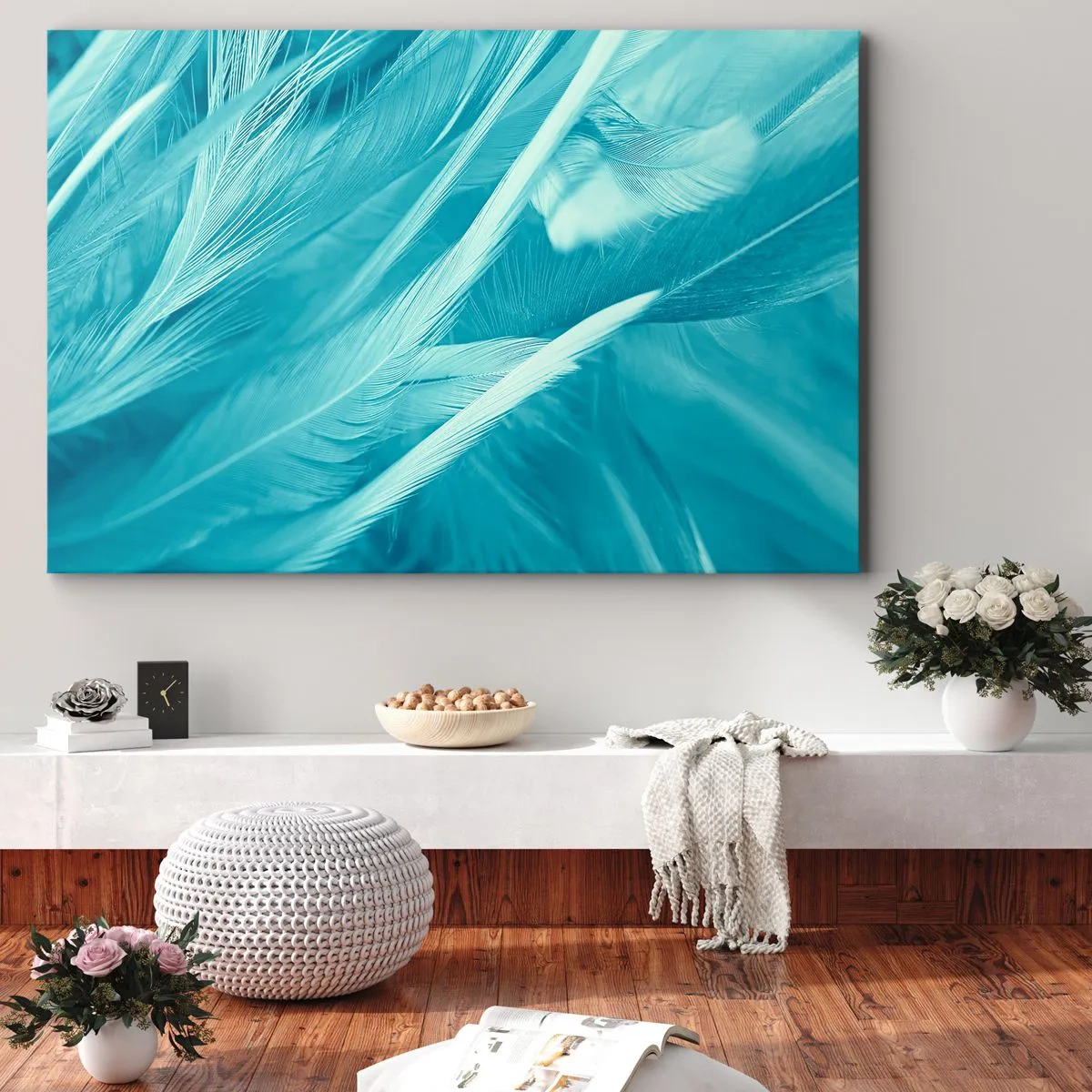 Quadro em tela - Penas delicadas de turquesa em close-up - 70x50cm - Afogado em penugem - Decoração de parede moderna para a sala de estar e quarto ARTTOR