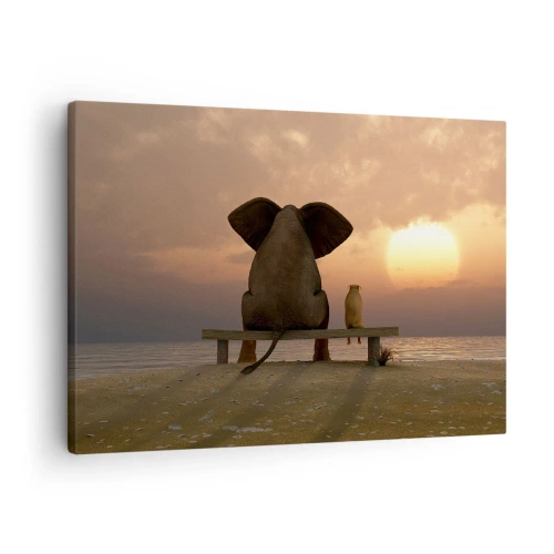 Quadro em tela - Um elefante e um cachorro estão sentados em um banco na praia durante o pôr do sol. - 70x50cm - Como é bom ficarmos em silêncio juntos - Decoração de parede moderna para a sala de estar e quarto ARTTOR