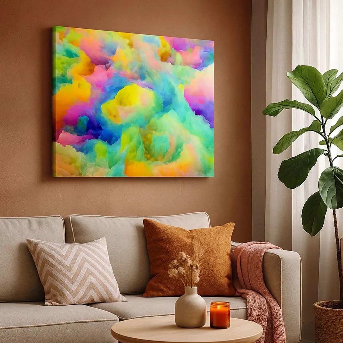 Quadro em tela - Composição abstrata em cores do arco-íris - 70x50cm - Penugem arco-íris - Decoração de parede moderna para a sala de estar e quarto ARTTOR