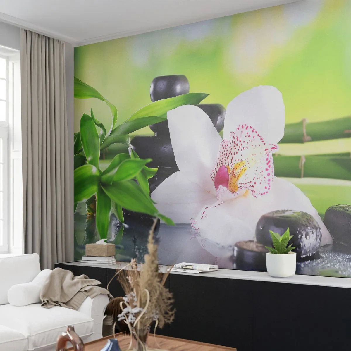 Papel de Parede Premium Sand - Frescor e vigor - Bambu, Flor, Orquídea - 100x70 cm