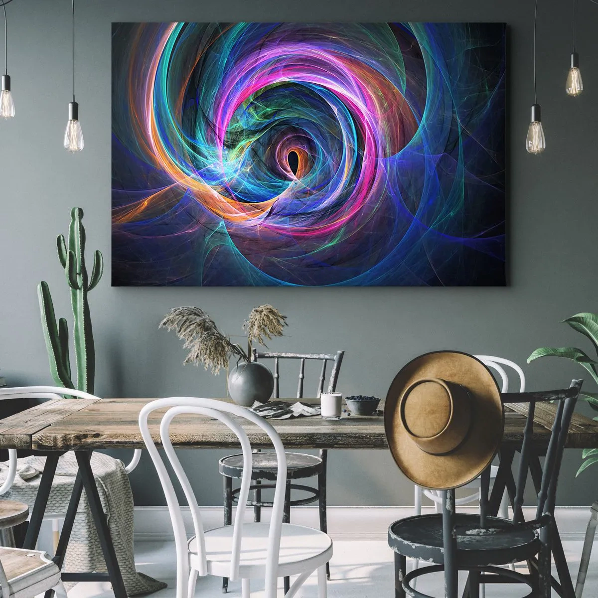 Quadro em tela - Um redemoinho abstrato de cores em tons de roxo, rosa e azul. - 70x50cm - Para onde quer me levar? - Decoração de parede moderna para a sala de estar e quarto ARTTOR