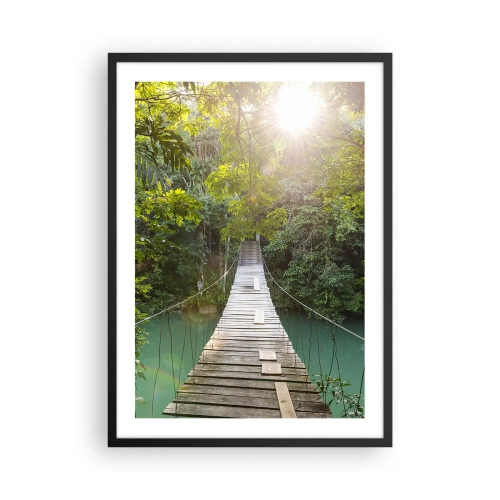 Pôster com moldura preta - Ponte de madeira em uma floresta tropical com raios de sol - 50x70cm - Da água azul para a floresta azul - Decoração de parede moderna para a sala de estar e quarto ARTTOR