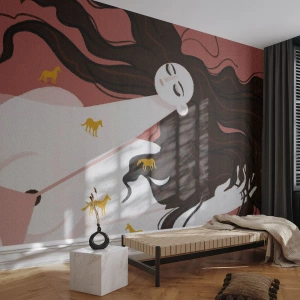 Papel de Parede Autocolante Deluxe Sticker - Sonho com um cavalo dourado - Mulher, Retrato, Minimalismo - 450x315 cm