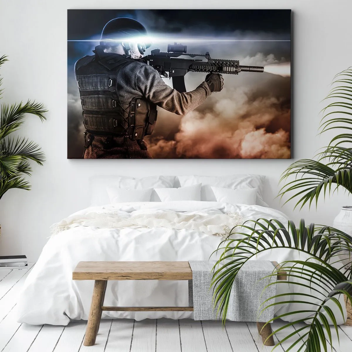 Quadro em tela - Um soldado em ação com um rifle contra um fundo de nuvens e luz. - 70x50cm - Simplesmente um herói - Decoração de parede moderna para a sala de estar e quarto ARTTOR