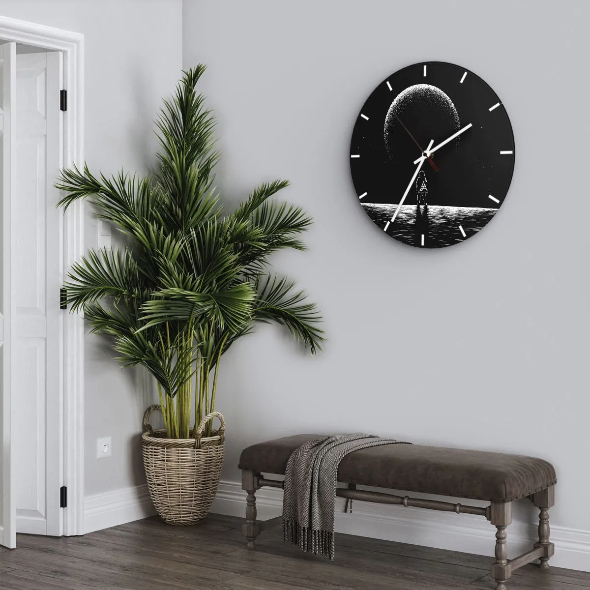 Relógio de parede - Relógio em vidro - Silhueta de um astronauta em frente a um grande planeta no espaço - 30x30cm - Cara a cara - Decoração de parede moderna para a sala de estar, cozinha e quarto ARTTOR