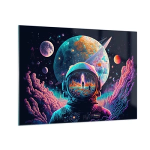 Quadro em vidro - Uma paisagem espacial com um astronauta e um planeta surreal. - 70x50cm - Os filósofos não sonharam com isso - Decoração de parede moderna para a sala de estar e quarto ARTTOR