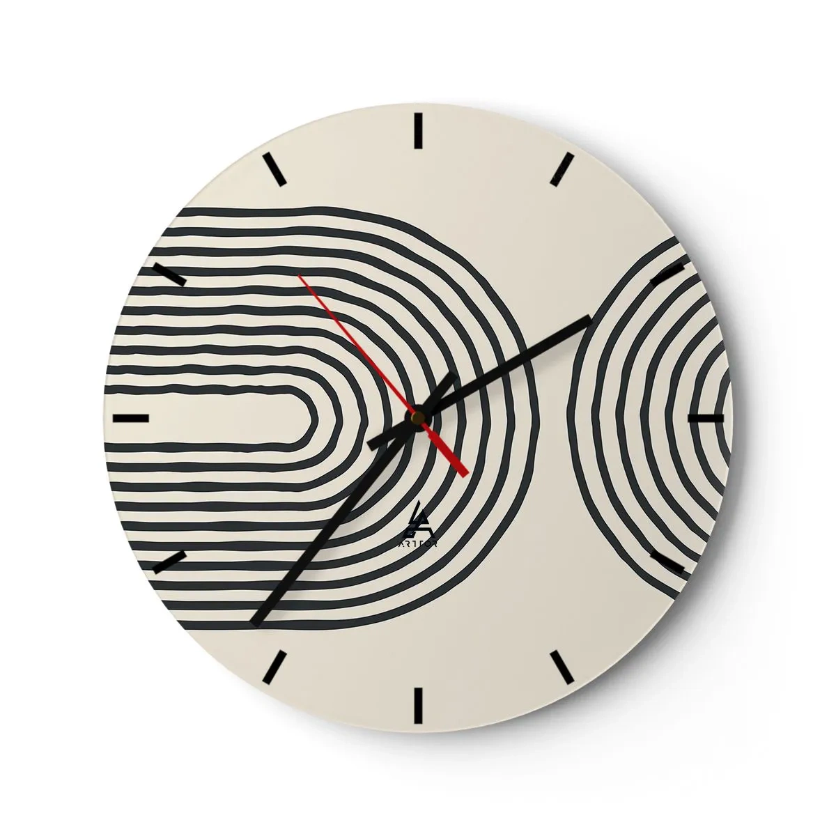Relógio de parede - Relógio em vidro - Linhas geométricas em forma de ondas concêntricas sobre fundo bege - 30x30cm - Em um momento... - Decoração de parede moderna para a sala de estar, cozinha e quarto ARTTOR