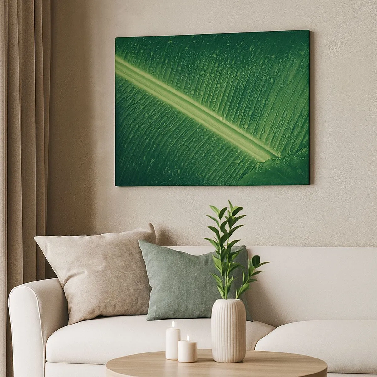 Quadro em tela - Uma folha verde com gotas de água em sua superfície - 70x50cm - A estrutura da vegetação - Decoração de parede moderna para a sala de estar e quarto ARTTOR