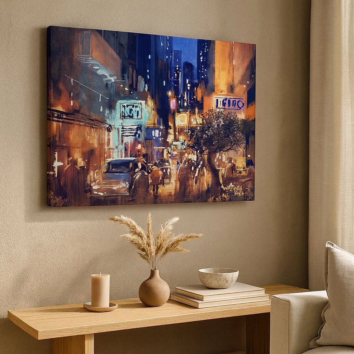Quadro em tela - Paisagem urbana noturna no estilo impressionista - 70x50cm - E a cidade não dorme - Decoração de parede moderna para a sala de estar e quarto ARTTOR