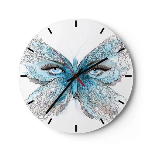 Relógio de parede - Relógio em vidro - Borboleta azul com detalhes nos olhos e delicado padrão artístico - 30x30cm - Borboleta eros - Decoração de parede moderna para a sala de estar, cozinha e quarto ARTTOR
