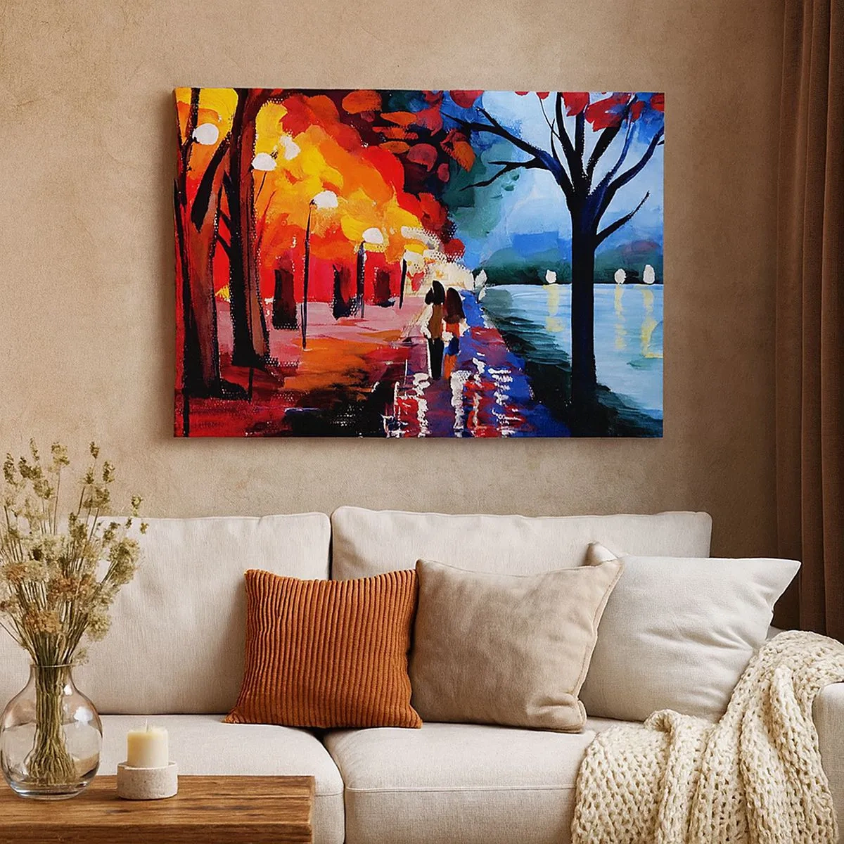 Quadro em tela - Uma caminhada de outono ao longo do caminho com vista para a água - 70x50cm - Outono ardente no parque - Decoração de parede moderna para a sala de estar e quarto ARTTOR
