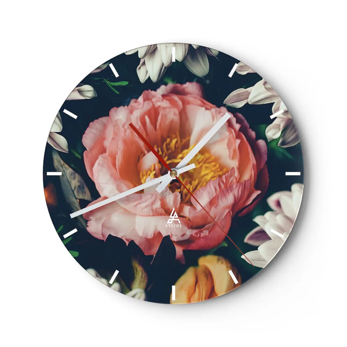 Relógio de parede - Relógio em vidro - Close-up de uma flor de peônia rosa cercada por outras flores - 30x30cm - Com o esplendor barroco - Decoração de parede moderna para a sala de estar, cozinha e quarto ARTTOR