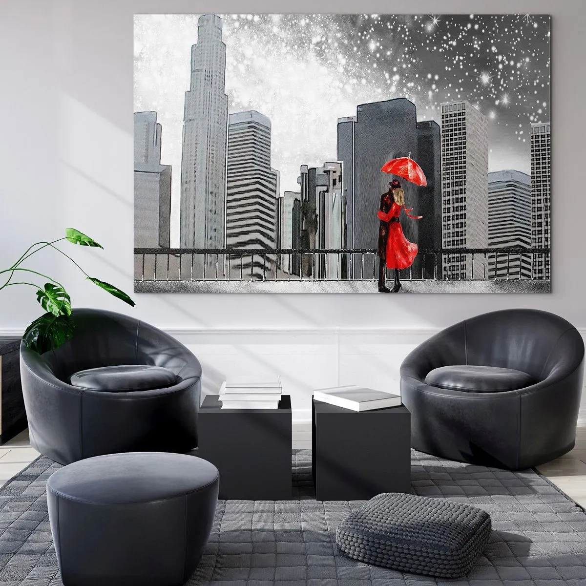 Quadro em vidro - Um casal com um guarda-chuva vermelho em pé em frente a uma paisagem urbana à noite - 70x50cm - O homem não é pedra - Decoração de parede moderna para a sala de estar e quarto ARTTOR
