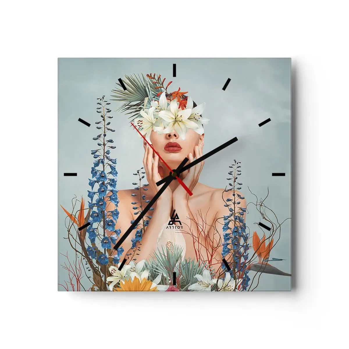Relógio de parede - Relógio em vidro - Mulher – flor - 30x30 cm