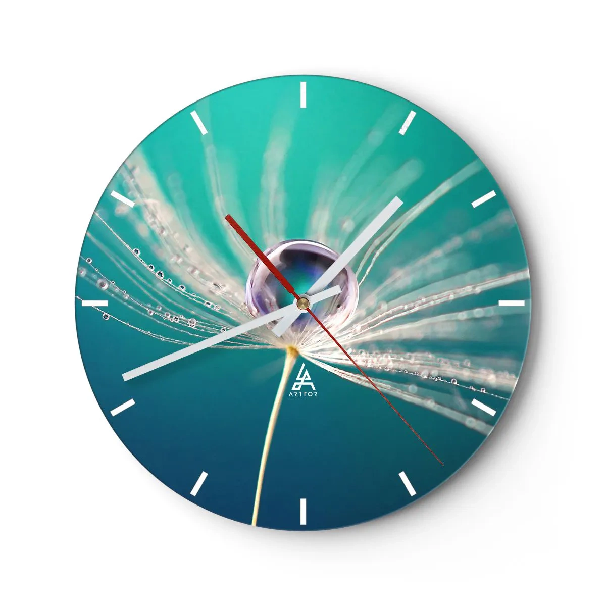 Relógio de parede - Relógio em vidro - Macrofotografia de uma gota de orvalho em uma semente de dente-de-leão - 30x30cm - Momento místico - Decoração de parede moderna para a sala de estar, cozinha e quarto ARTTOR