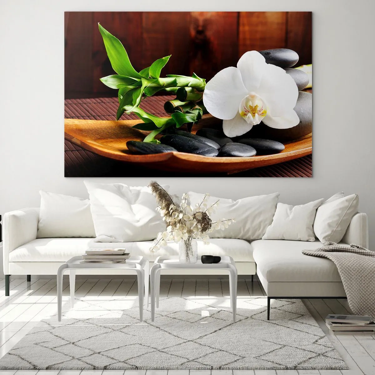 Quadro em vidro - Orquídea branca sobre pedras pretas e bambu em uma tigela de madeira - 70x50cm - Renda-se ao toque da natureza - Decoração de parede moderna para a sala de estar e quarto ARTTOR