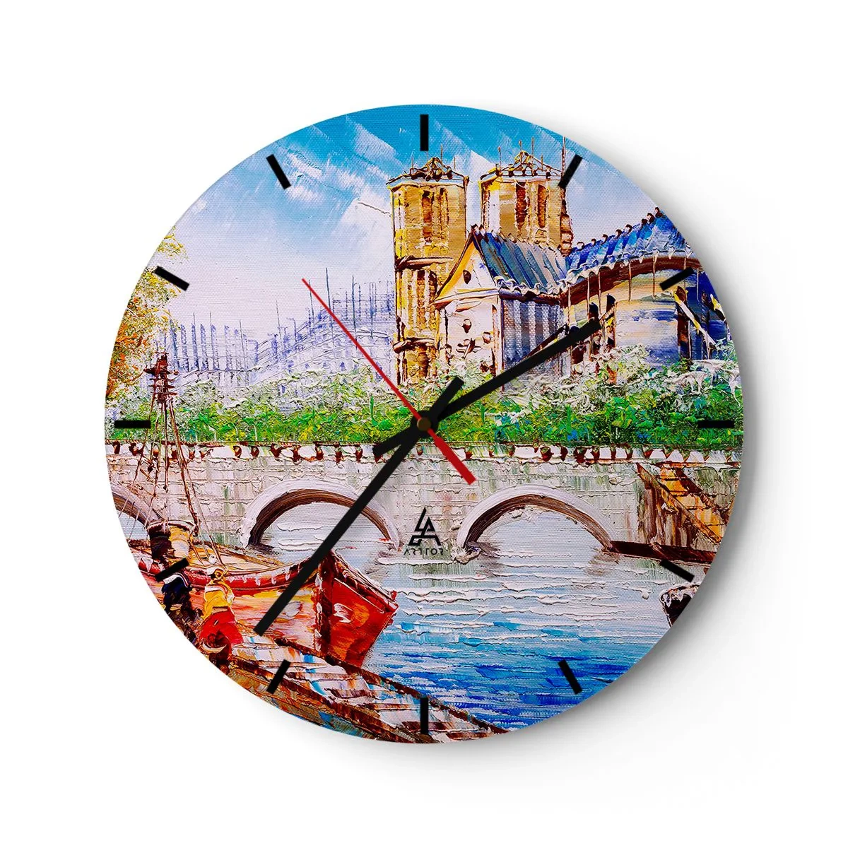 Relógio de parede - Relógio em vidro - A ponte e a catedral em estilo pictórico - 30x30cm - Nunca sai de moda - Decoração de parede moderna para a sala de estar, cozinha e quarto ARTTOR