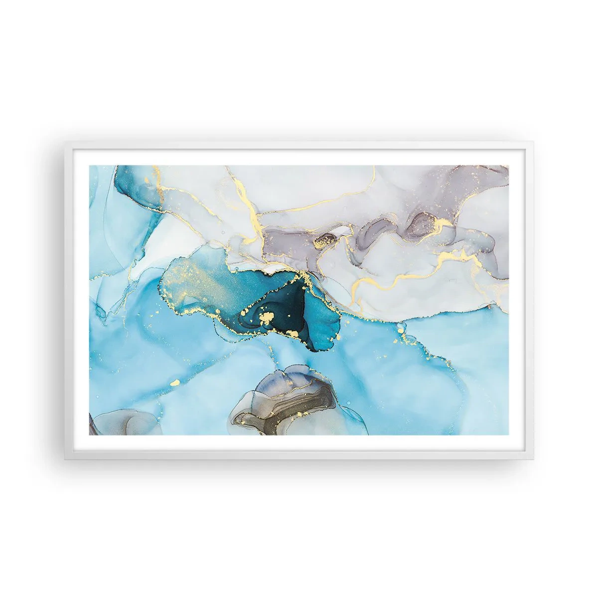 Pôster em moldura branca - Estudo do encontro do cinza e turquesa - 91x61 cm