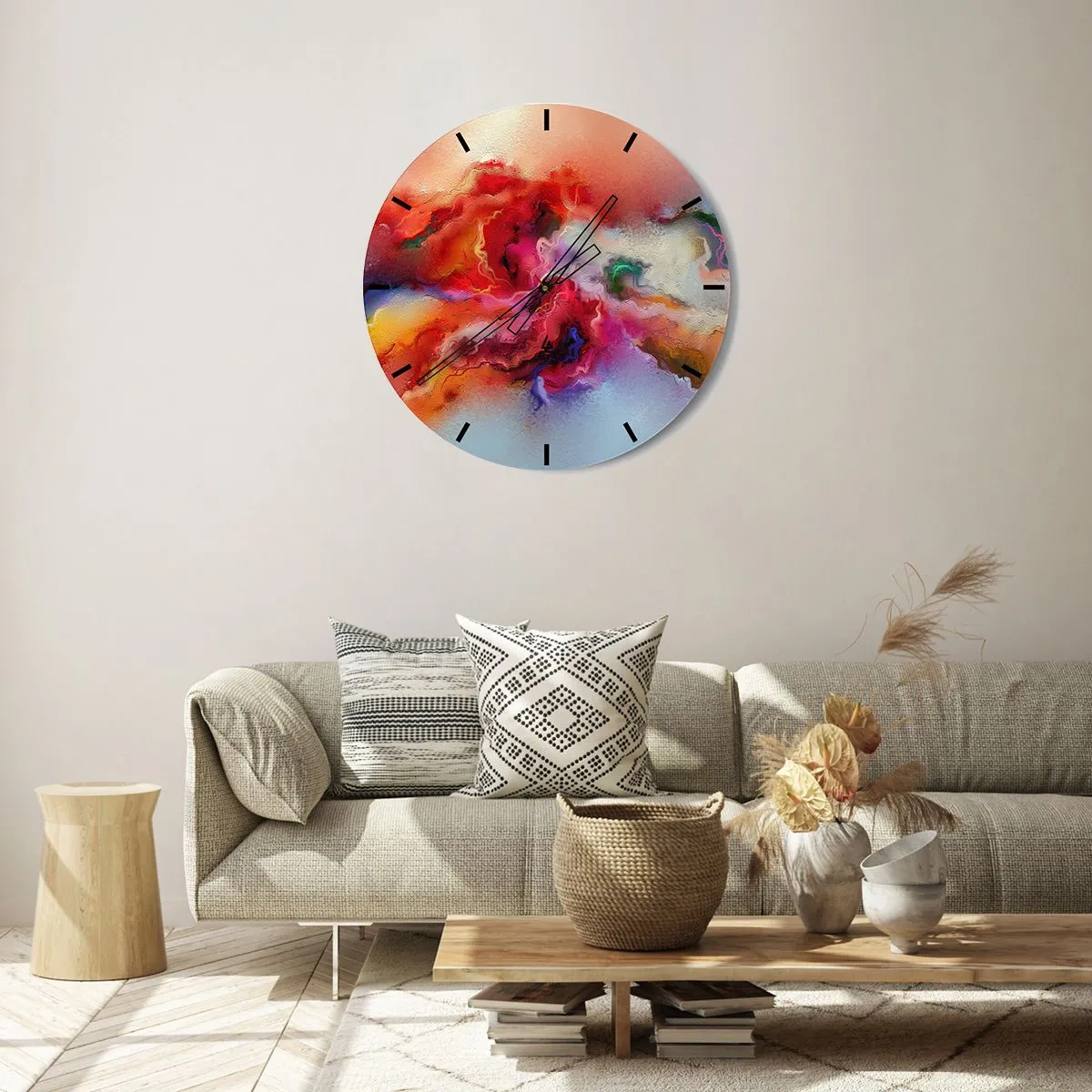 Relógio de parede - Relógio em vidro - Uma mistura abstrata de cores criando uma composição dinâmica. - 30x30cm - Como capturar os sonhos - fumo - Decoração de parede moderna para a sala de estar, cozinha e quarto ARTTOR