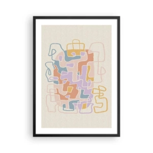 Pôster com moldura preta - Abstração colorida com linhas irregulares em fundo claro - 50x70cm - Labirinto – uma aventura alegre - Decoração de parede moderna para a sala de estar e quarto ARTTOR