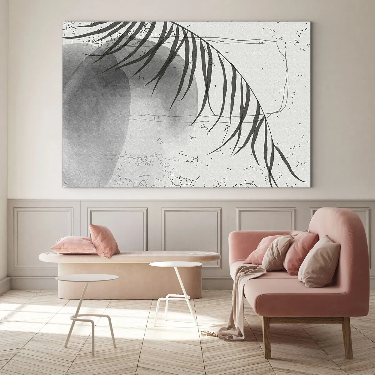 Quadro em vidro - Gráfico de sombra de folha de palmeira em preto e branco - 70x50cm - O sutil exotismo da natureza - Decoração de parede moderna para a sala de estar e quarto ARTTOR