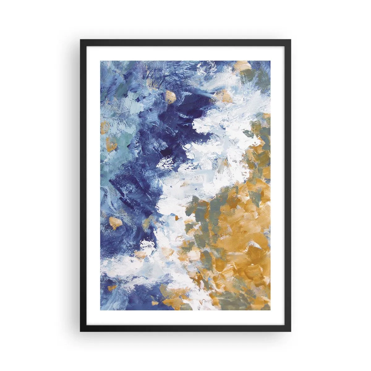 Pôster com moldura preta - Uma composição abstrata em tons de azul, branco e dourado. - 50x70cm - Dança dos elementos - Decoração de parede moderna para a sala de estar e quarto ARTTOR
