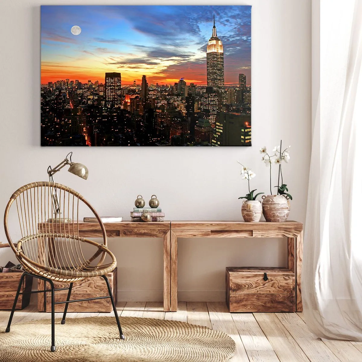 Quadro em tela - Panorama da cidade com arranha-céus iluminados ao entardecer - 70x50cm - Noite Brilhante Americana - Decoração de parede moderna para a sala de estar e quarto ARTTOR