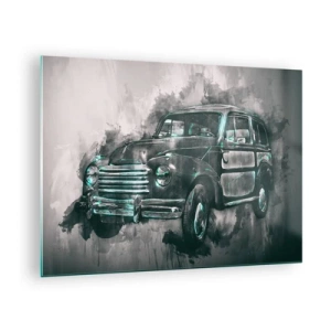 Quadro em vidro - Um carro antigo em tons de cinza e turquesa - 70x50cm - Ancestral respeitável - Decoração de parede moderna para a sala de estar e quarto ARTTOR